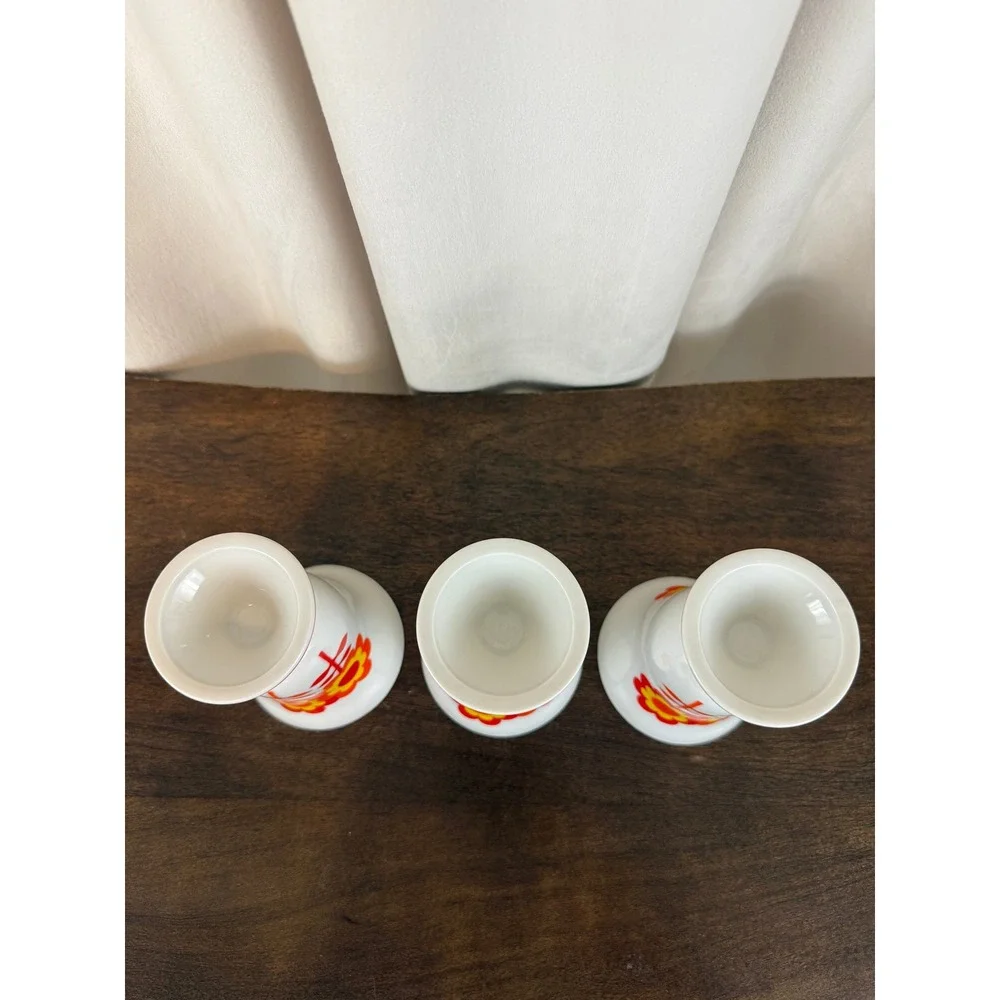 VTG 1970s Set‎ of THREE MCM Ceramic Chalice Cups Retro Orange Daisy Pattern